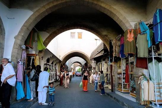 Ancient streets and market stalls of the Old Medina in Casablanca